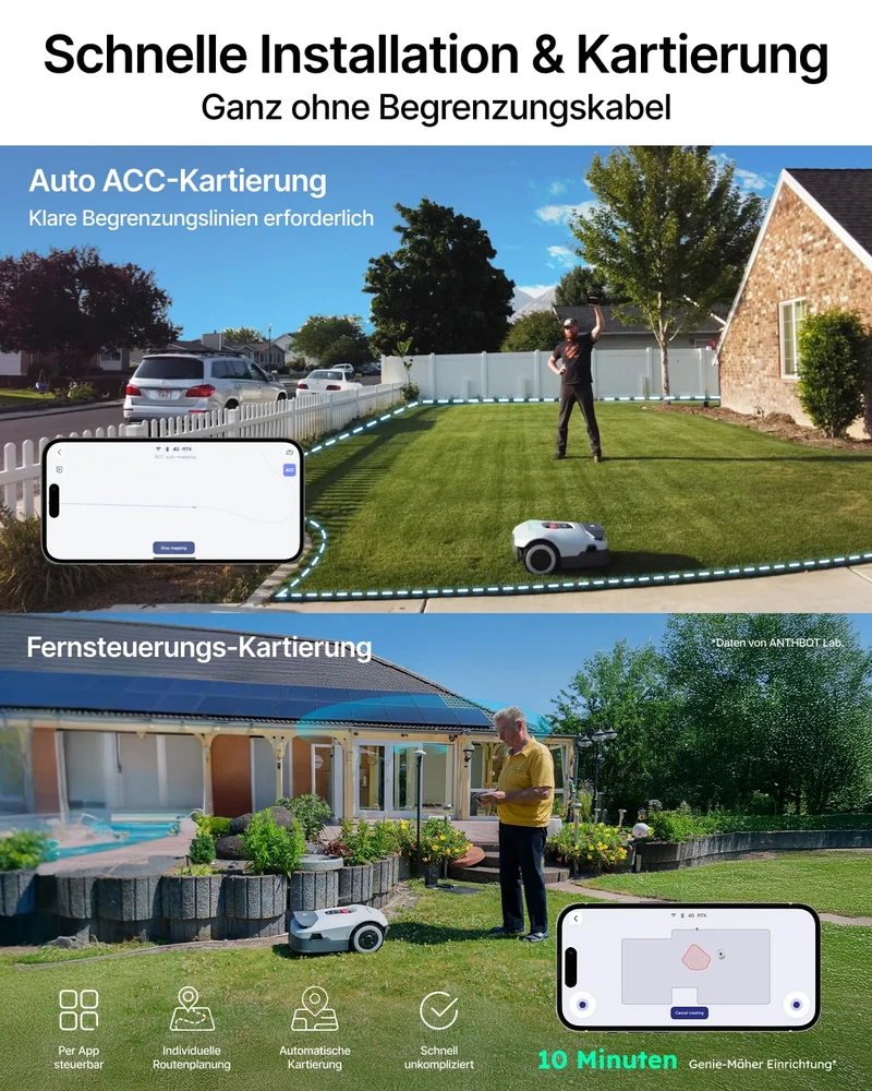 ANTHBOT Genie 3000 Mähroboter 3600 m² inkl. Garage – Ohne Begrenzungskabel, RTK, 4-Kamera-Vision