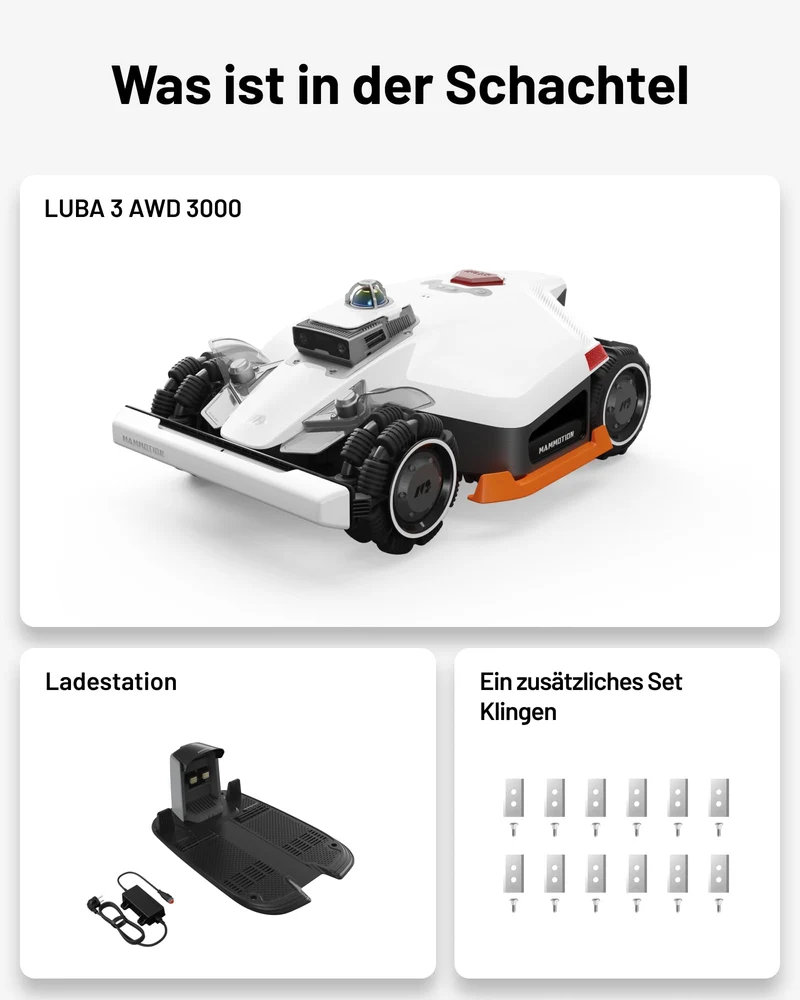 MAMMOTION LUBA 3 AWD Mähroboter 3000 m² – Ohne Begrenzungskabel, LiDAR+NetRTK, 80% Steigung