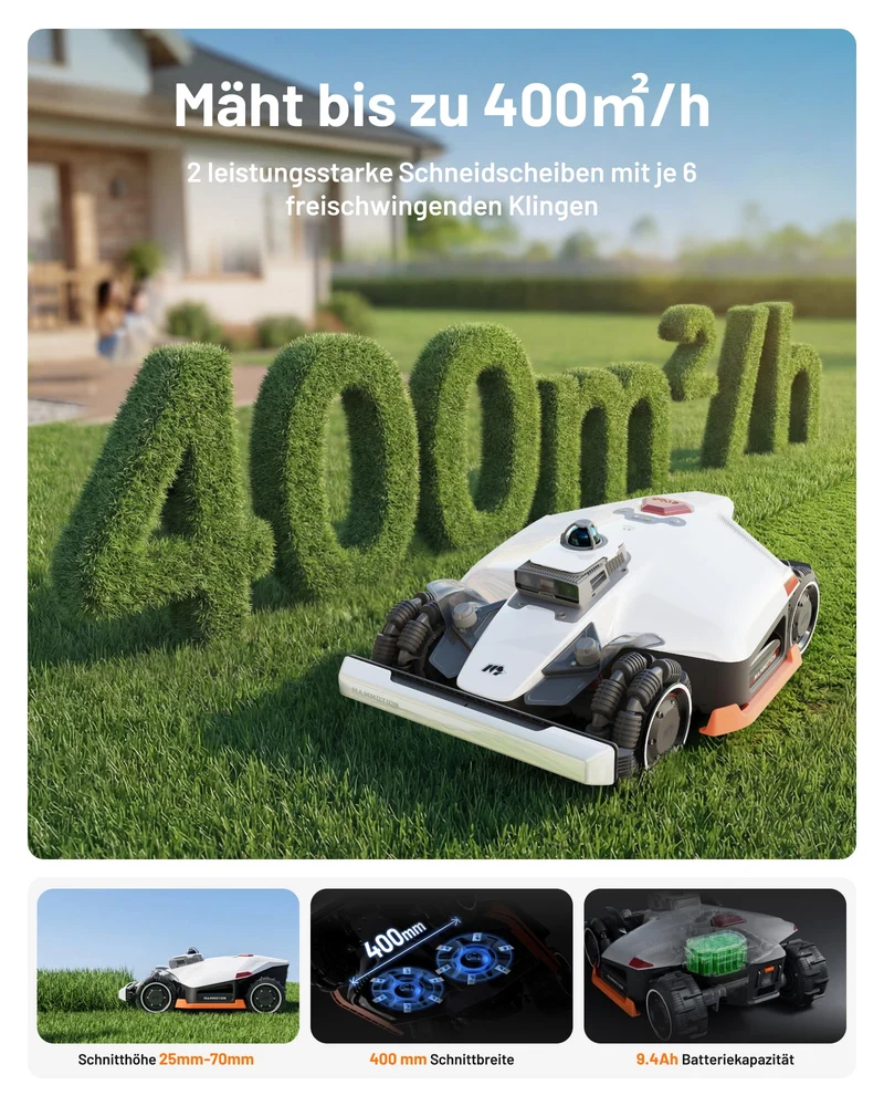 MAMMOTION LUBA 3 AWD Mähroboter 1500 m² inkl. Garage – Ohne Begrenzungskabel, LiDAR+Kamera, 80% Steigung