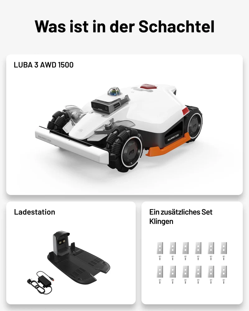 MAMMOTION LUBA 3 AWD Mähroboter 1500 m² – Ohne Begrenzungskabel, LiDAR+Kamera, 80% Steigung