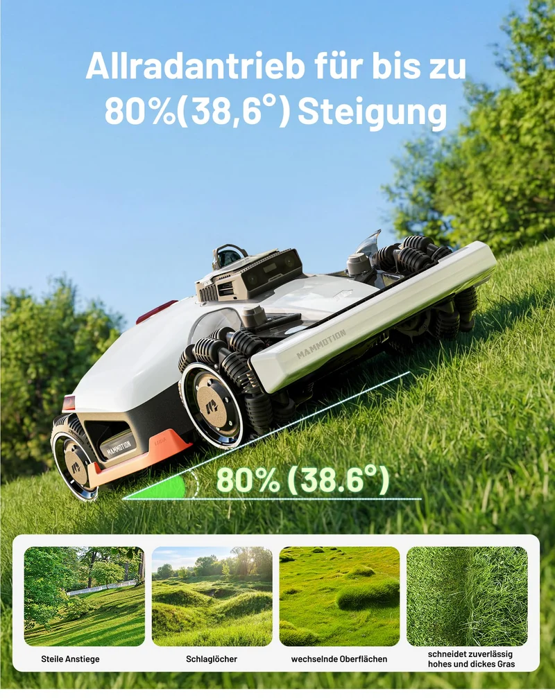 MAMMOTION LUBA 3 AWD Mähroboter 1500 m² – Ohne Begrenzungskabel, LiDAR+Kamera, 80% Steigung