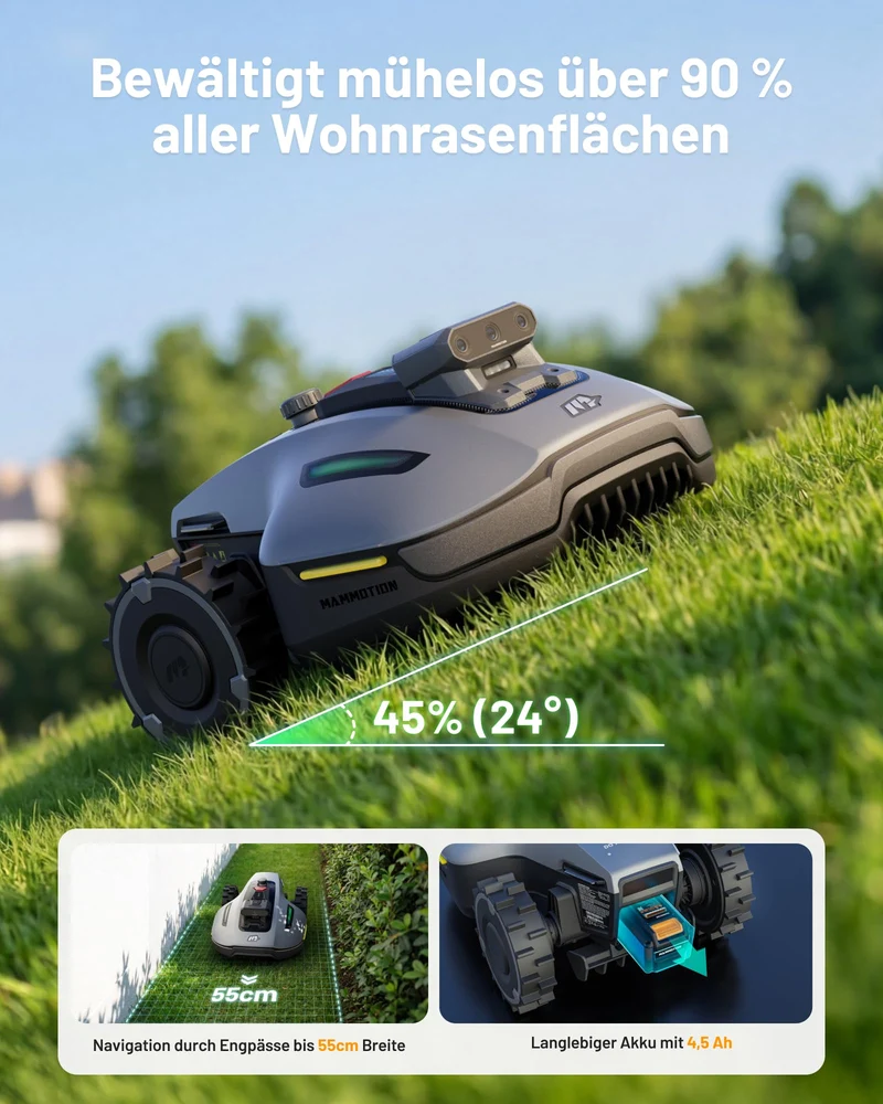 MAMMOTION YUKA mini 2 Mähroboter 500 m² – Ohne Begrenzungskabel, 3-Kamera-Vision