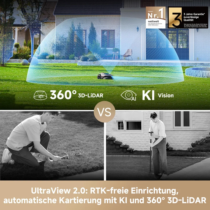 MOVA LiDAX Ultra 1200 Mähroboter 1200 m² – Ohne Begrenzungskabel, 3D LiDAR+Vision, 5 cm Kantenschnitt