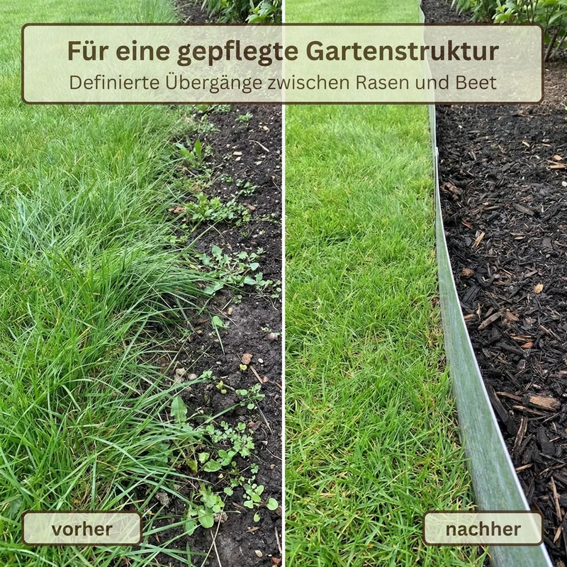 Rasenkantenband aus verzinktem Stahl – 15 cm hoch, Länge 10 m, 0,5 mm stark – GartenAZ Beetumrandung mit Umbördelung