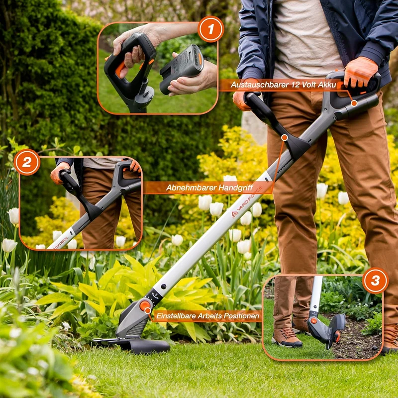 Yard Force iFlex LT F23 Akku-Rasentrimmer (12V, 4,0 Ah Akku) – Urban Gardening Trimmer mit bürstenlosem Motor, 23 cm Schnittbreite & 180° drehbarem Kopf