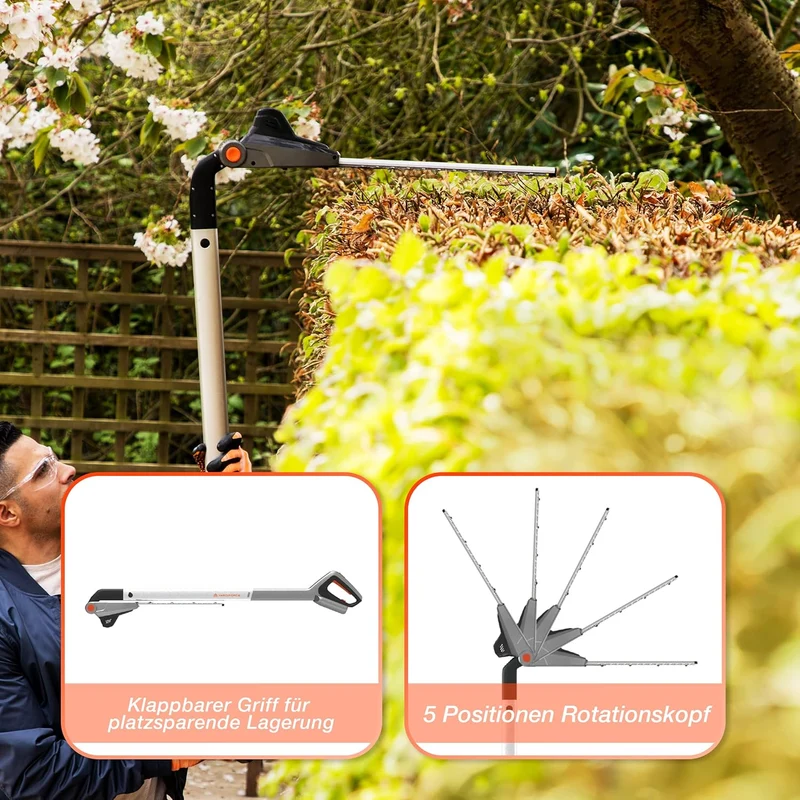 Yard Force iFlex 12V Akku-Heckenschere LH F35 inkl. 4,0 Ah Akku – Urban Gardening Langstiel-Heckenschere (170 cm, neigbarer Kopf, Klicksystem)