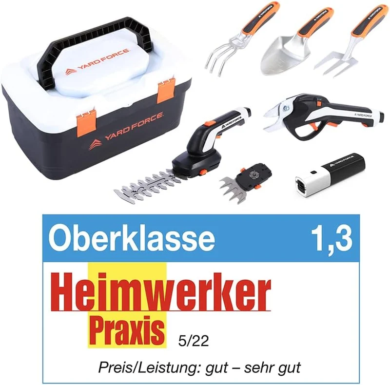 Yard Force VITA 6-teiliges Akku-Gartenwerkzeug Set inkl. Koffer (4V / 4Ah) – Elektrische Grasschere, Astschere & Handgeräte für Balkon & Urban Gardening