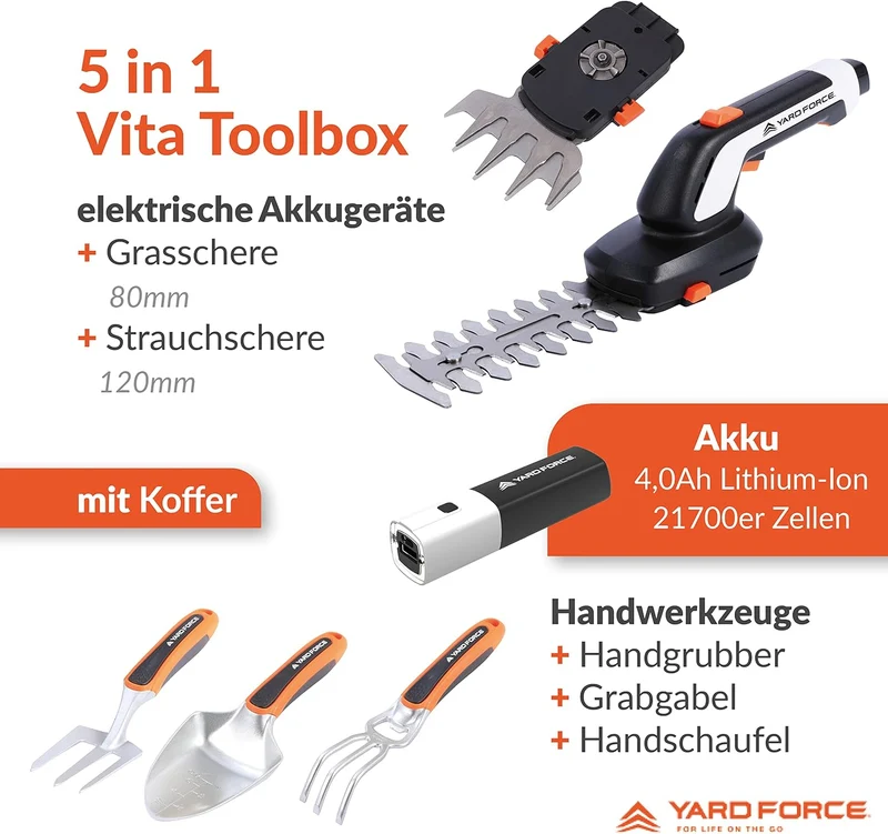 Yard Force VITA 6-teiliges Akku-Gartenwerkzeug Set inkl. Koffer (4V / 4Ah) – Elektrische Grasschere, Astschere & Handgeräte für Balkon & Urban Gardening