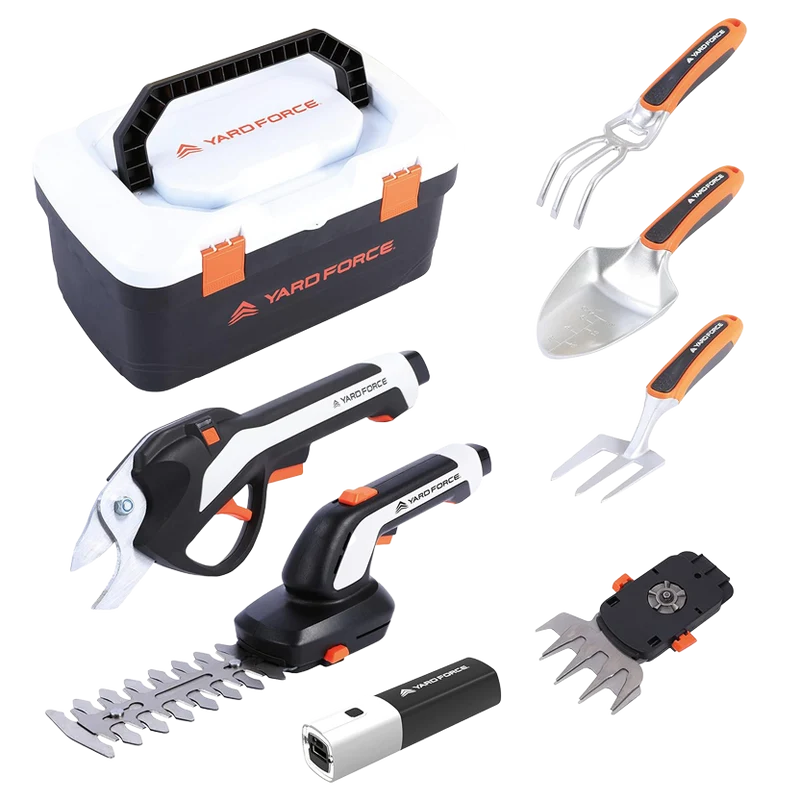 Yard Force VITA 6-in-1 Akku-Gartenwerkzeug Set (4V / 4Ah) – Urban Gardening Koffer mit elektrischer Astschere, Grasschere & Premium-Handwerkzeugen