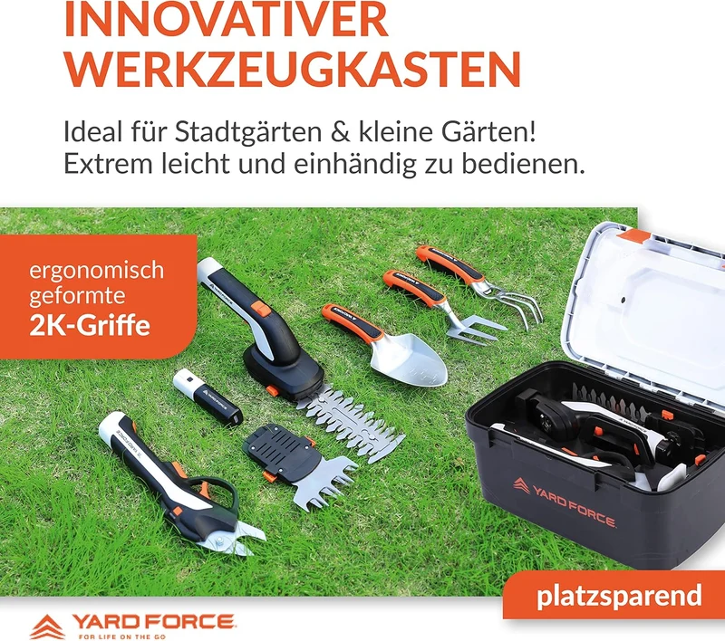 Yard Force VITA 6-in-1 Akku-Gartenwerkzeug Set (4V / 4Ah) – Urban Gardening Koffer mit elektrischer Astschere, Grasschere & Premium-Handwerkzeugen