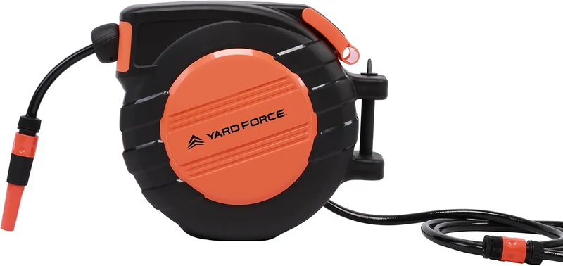Yard Force HW HR20A Automatischer Schlauchaufroller (20 m) – Wand-Schlauchtrommel mit Auto-Rewind, 180° schwenkbar inkl. Sprühdüse & Anschluss-Kit