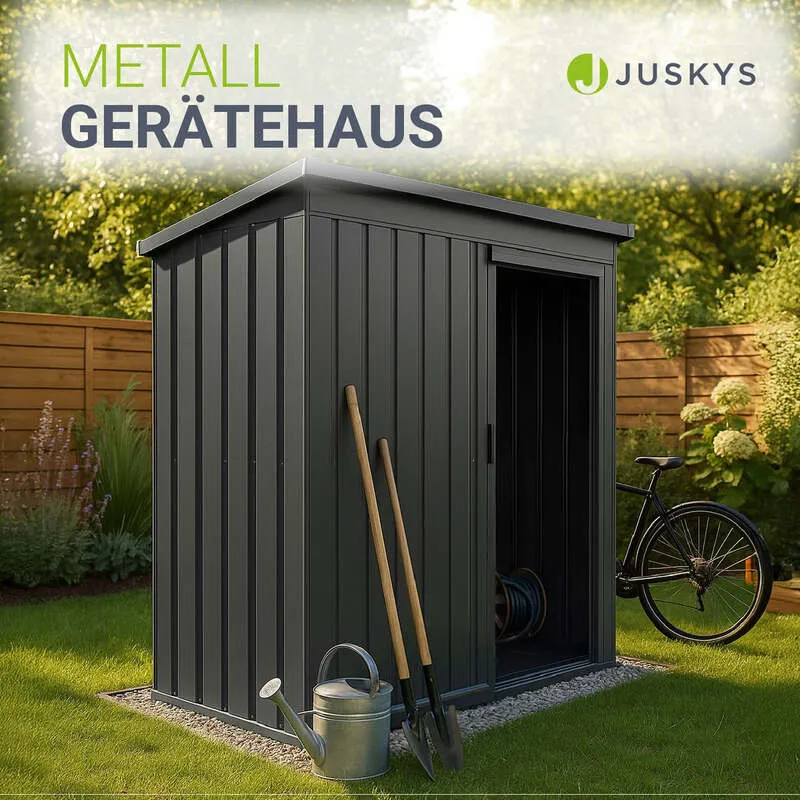 B-Ware Gerätehaus Metall Geräteschuppen dunkelgrau mit Fundamentrahmen 164x88x182cm