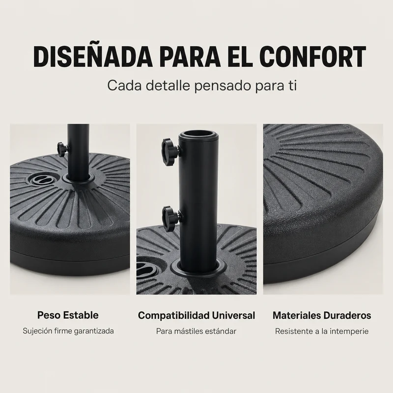 Pack Sombrilla Recta 3m Beige + Base Redonda Rellenable