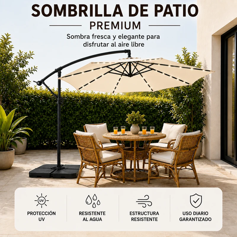 Pack Sombrilla Lateral 3m LED Beige + Base Modular Cuadrada