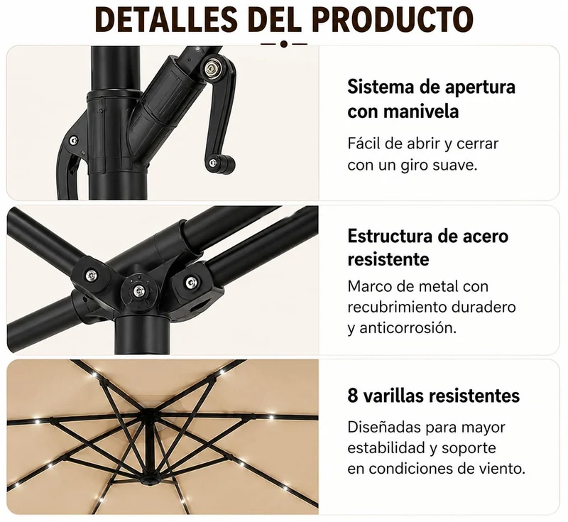 Pack Sombrilla Lateral 3m LED Beige + Base Modular Cuadrada