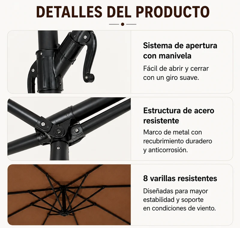 Pack Sombrilla Lateral 3m Kaki + Base Modular Cuadrada