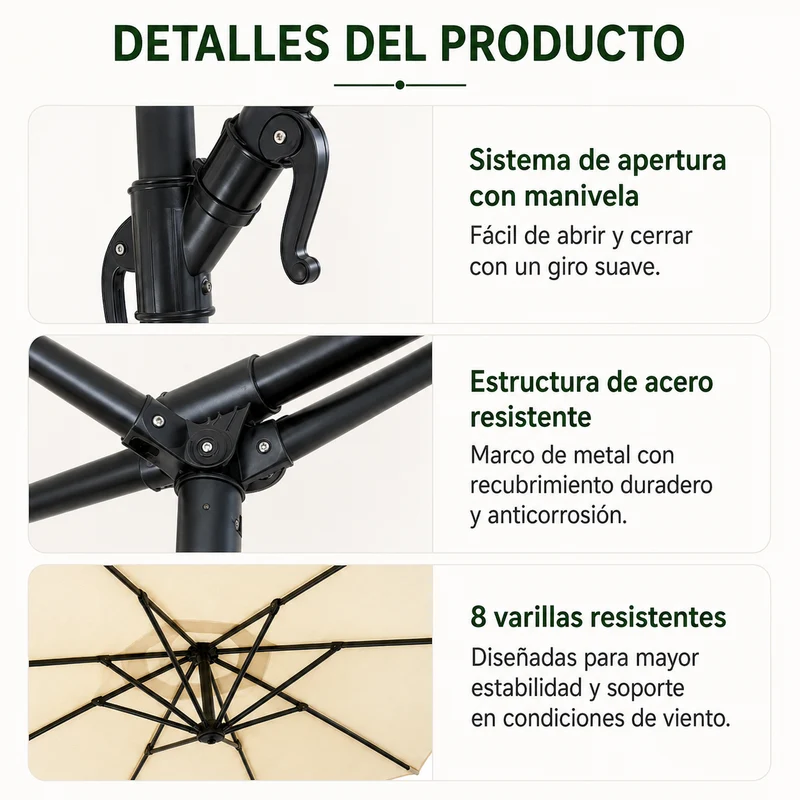 Pack Sombrilla Lateral 3m Beige + Base Modular Cuadrada