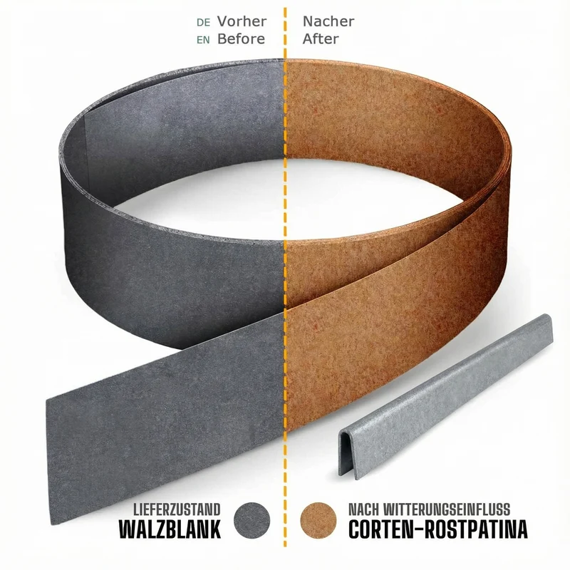 Rasenkantenband aus Cortenstahl – 15 cm hoch, Länge 20 m, 1 mm stark – GartenAZ inklusive Einschlaghilfe