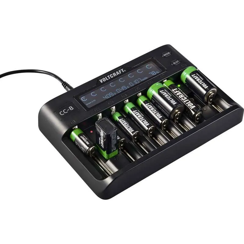 B-Ware Voltcraft Rundzellen-Ladegerät CC-8 LiIon NiMH NiCd 10 Schacht Ladegerät 2000mA