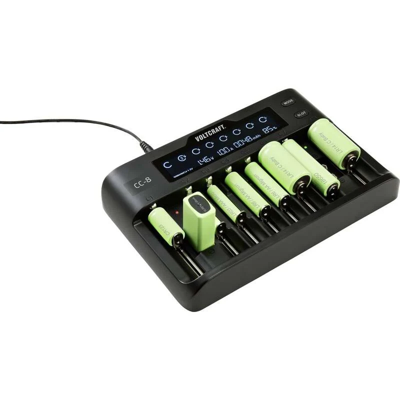 B-Ware Voltcraft Rundzellen-Ladegerät CC-8 LiIon NiMH NiCd 10 Schacht Ladegerät 2000mA