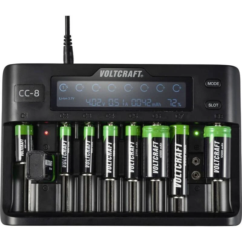 B-Ware Voltcraft Rundzellen-Ladegerät CC-8 LiIon NiMH NiCd 10 Schacht Ladegerät 2000mA