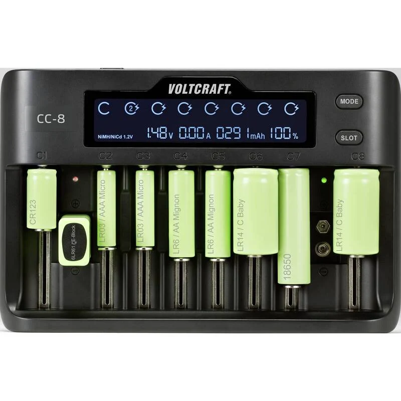 B-Ware Voltcraft Rundzellen-Ladegerät CC-8 LiIon NiMH NiCd 10 Schacht Ladegerät 2000mA