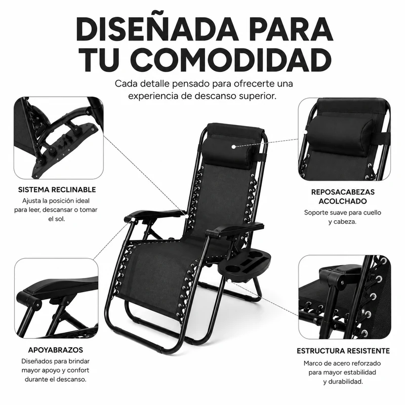 Pack 2 Tumbonas Plegables Playa Negra Con Portavasos