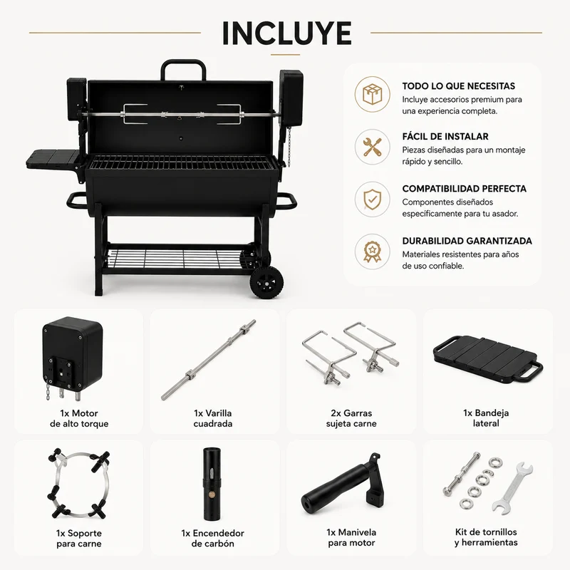 Pack Barbacoa de Carbón con Asador Motorizado 360°
