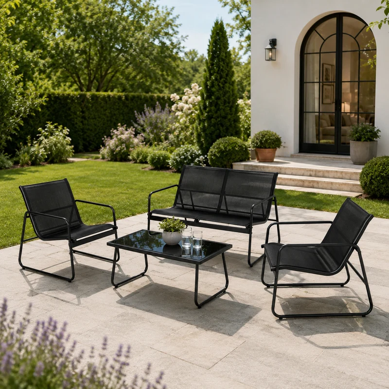 Conjunto de Jardín Acero Textilene 4 Piezas Mesa Cristal