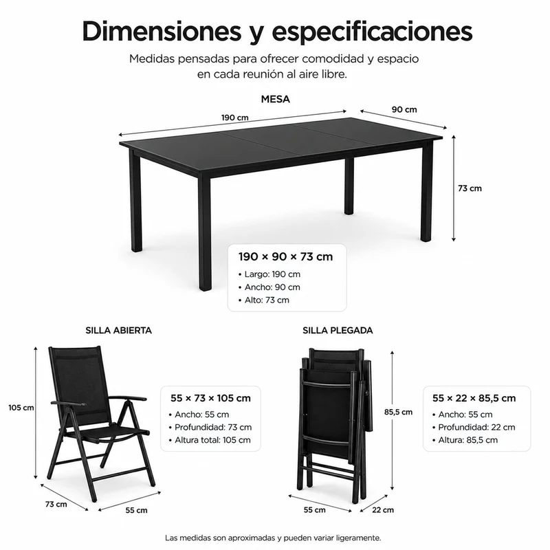 Conjunto Jardín Aluminio Recubierto 9 Piezas Mesa Vidrio