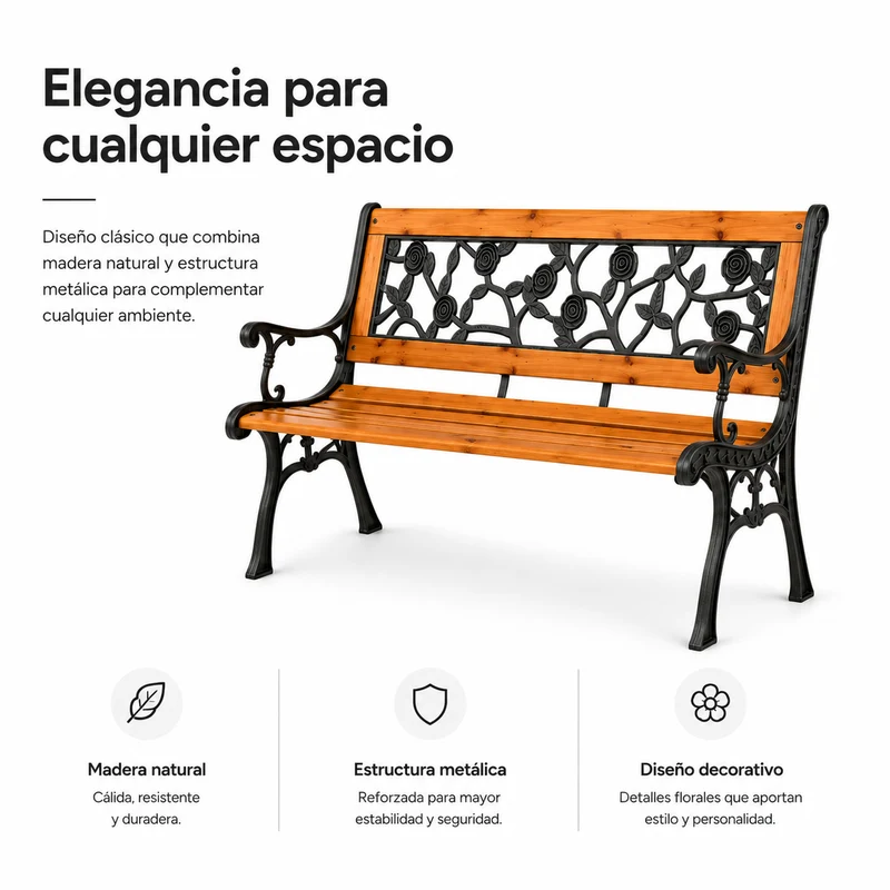Banco de Jardín de Madera y Metal con Respaldo Floral Decorativo
