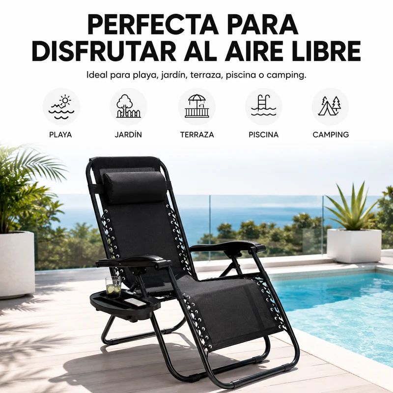 Tumbona Plegable Playa Negra Con Portavasos