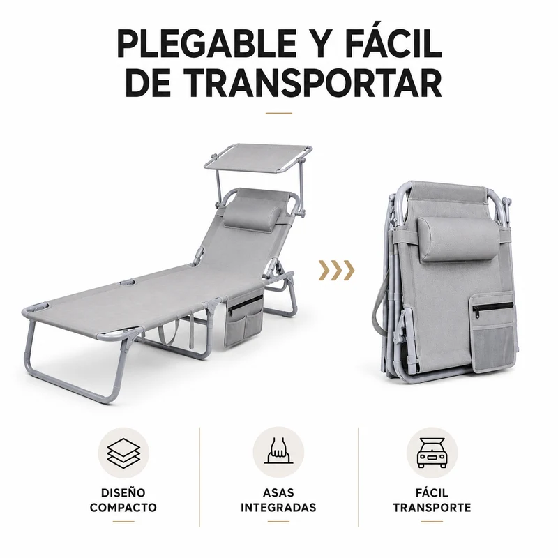 Tumbona Plegable Con Parasol Ajustable Para Jardín Y Playa