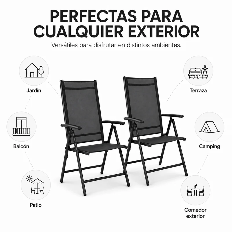 Sillas Plegables De Jardín Pack De 2 Aluminio Antracita Con Asiento Textil