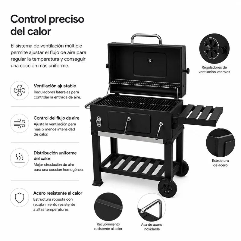 Barbacoa de Carbón Con Tapa y Carro Auxiliar