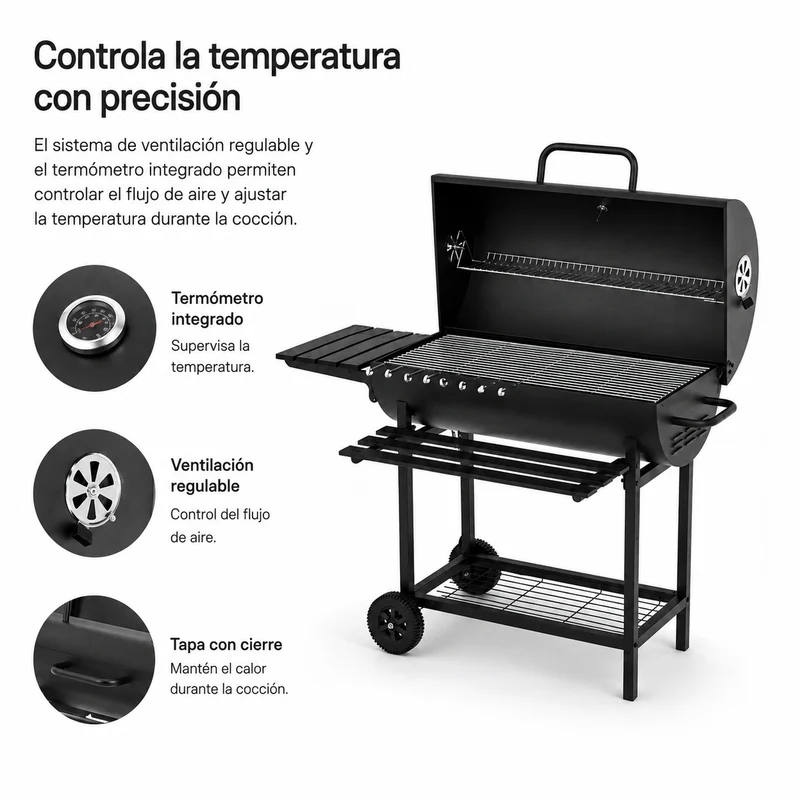 Barbacoa De Carbón Con Tapa Y Ventilación Ajustable Para Jardín Con Ruedas