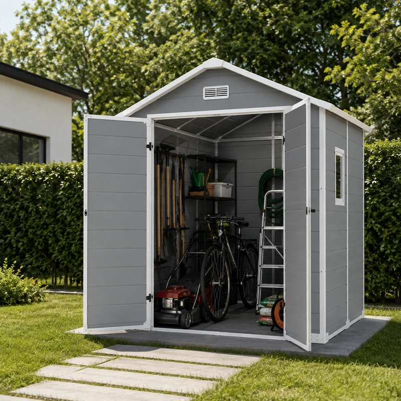 Caseta de jardín XL de resina 6x5" con ventana, doble puerta, ventilación y cierre de seguridad