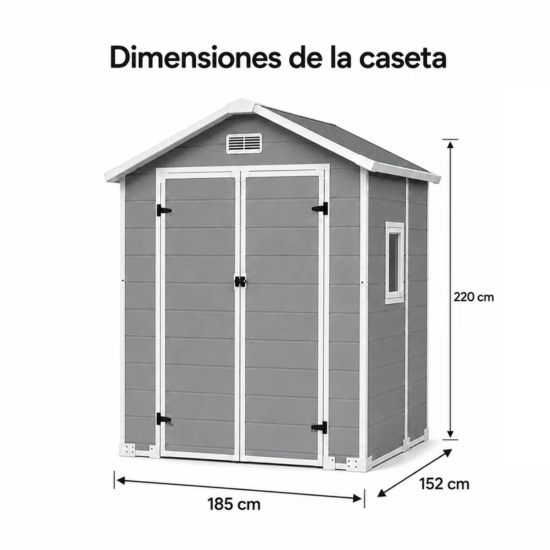 Caseta de jardín XL de resina 6x5" con ventana, doble puerta, ventilación y cierre de seguridad