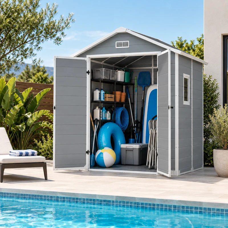 Caseta de jardín grande de resina 6x4" con doble puerta, ventana y ventilación integrada