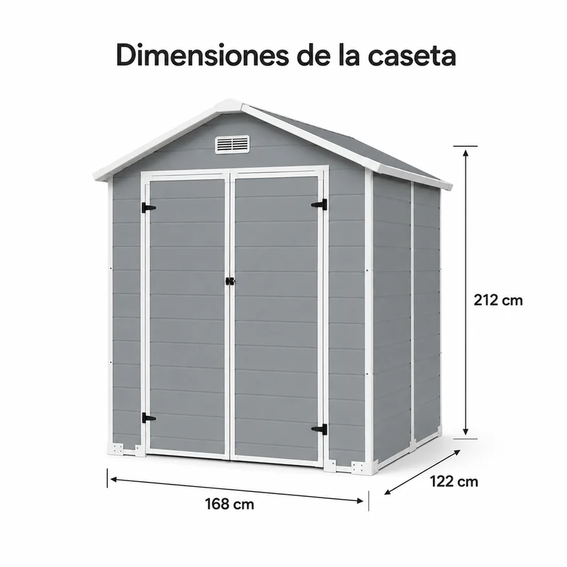Caseta de jardín grande de resina 6x4" con doble puerta, ventana y ventilación integrada
