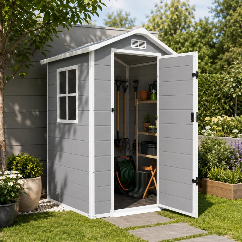 Caseta de jardín de resina 4x3" para exterior con ventana, ventilación y cierre de seguridad