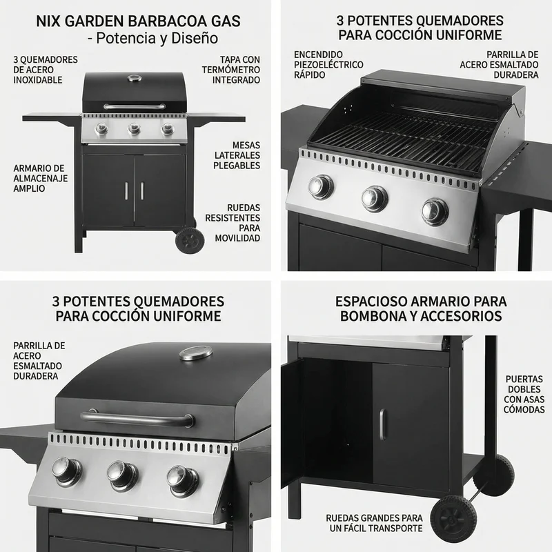 Barbacoa de gas 3 fuegos para jardín y terraza