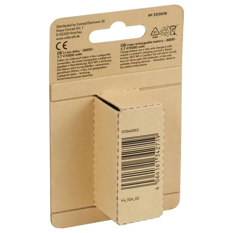 B-Ware Voltcraft Spezial-Akku VC-26650 Lithium 3.7V 5000mAh Flat-Top Akku