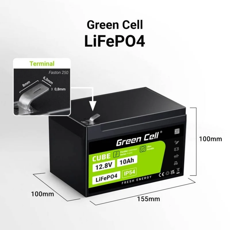 4x B-Ware Green Cell Spezialakku Batterie LiFePO4 Akku Flachstecker 12.8 V 10 Ah 4 STÜCK