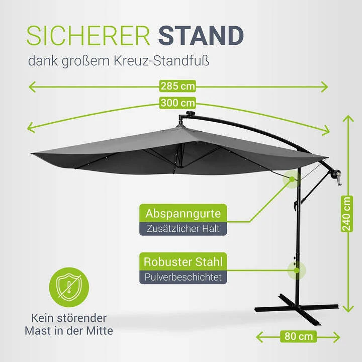 B-Ware Ampelschirm Garten Brazil Sonnenschirm mit LED Kurbel und Standfuß grau 300cm