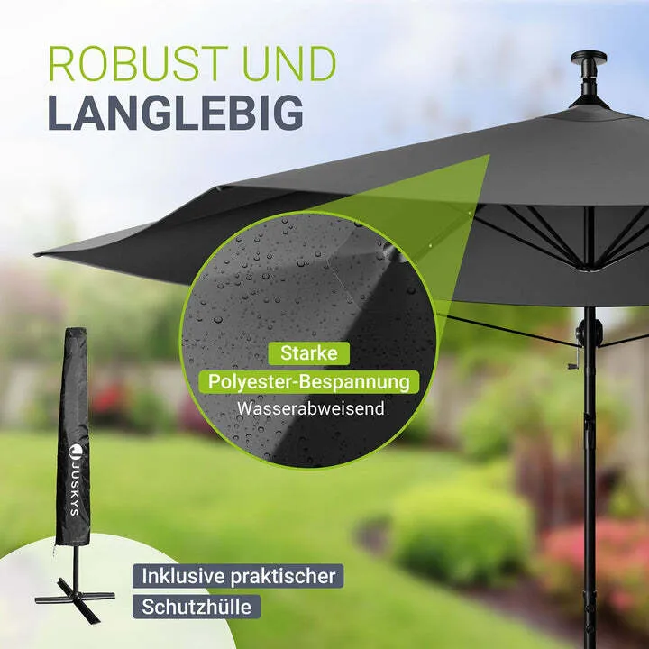 B-Ware Ampelschirm Garten Brazil Sonnenschirm mit LED Kurbel und Standfuß grau 300cm