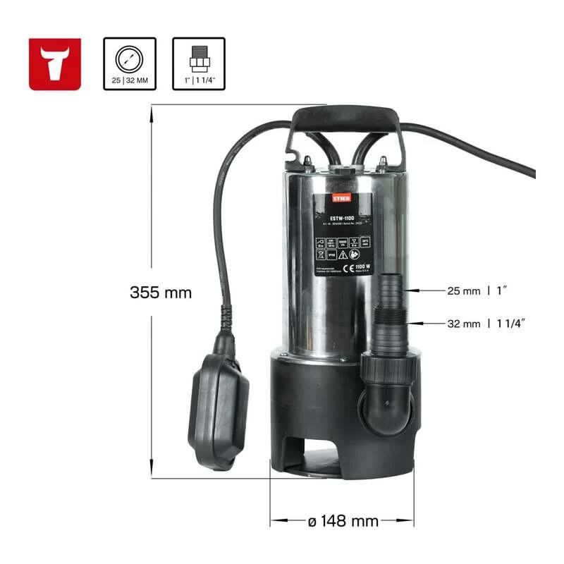 B-Ware STIER Tauchpumpe Edelstahl Schmutzwasserpumpe ESTW-1100 1100W 15500l/h grau 11m