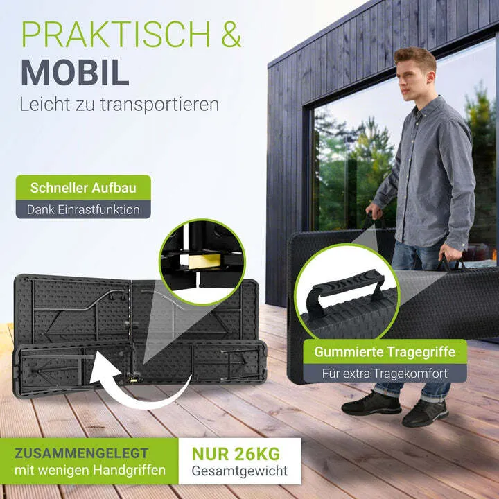 B-Ware Bierzeltgarnitur Amberg klappbar 3-teilig in Rattan-Optik schwarz 180x74cm