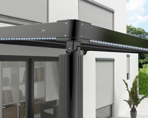 B-Ware Pergola Stoffdach anthrazit Gestell RAL 9011 graphit Motor LED Remote 394x394 cm