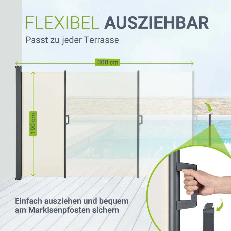 B-Ware Seitenmarkise Dubai Sichtschutz für Garten Terrasse ausziehbar beige 300x190cm